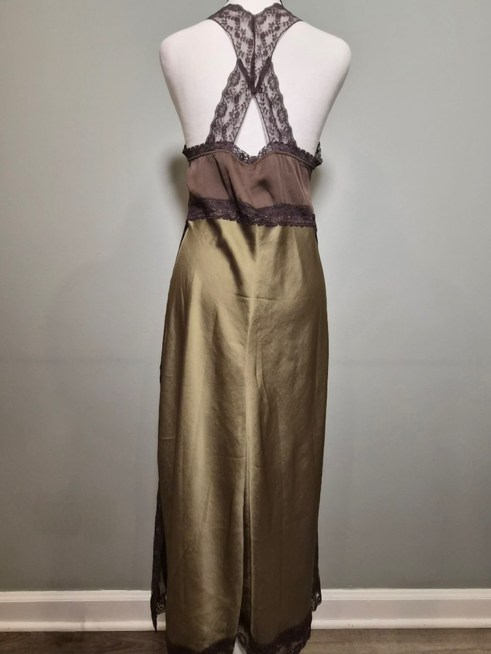 Free People NWT Bronze Green & Brown Romantic Hippie Fairycore Witch Satin Dress - Picture 6 of 10
